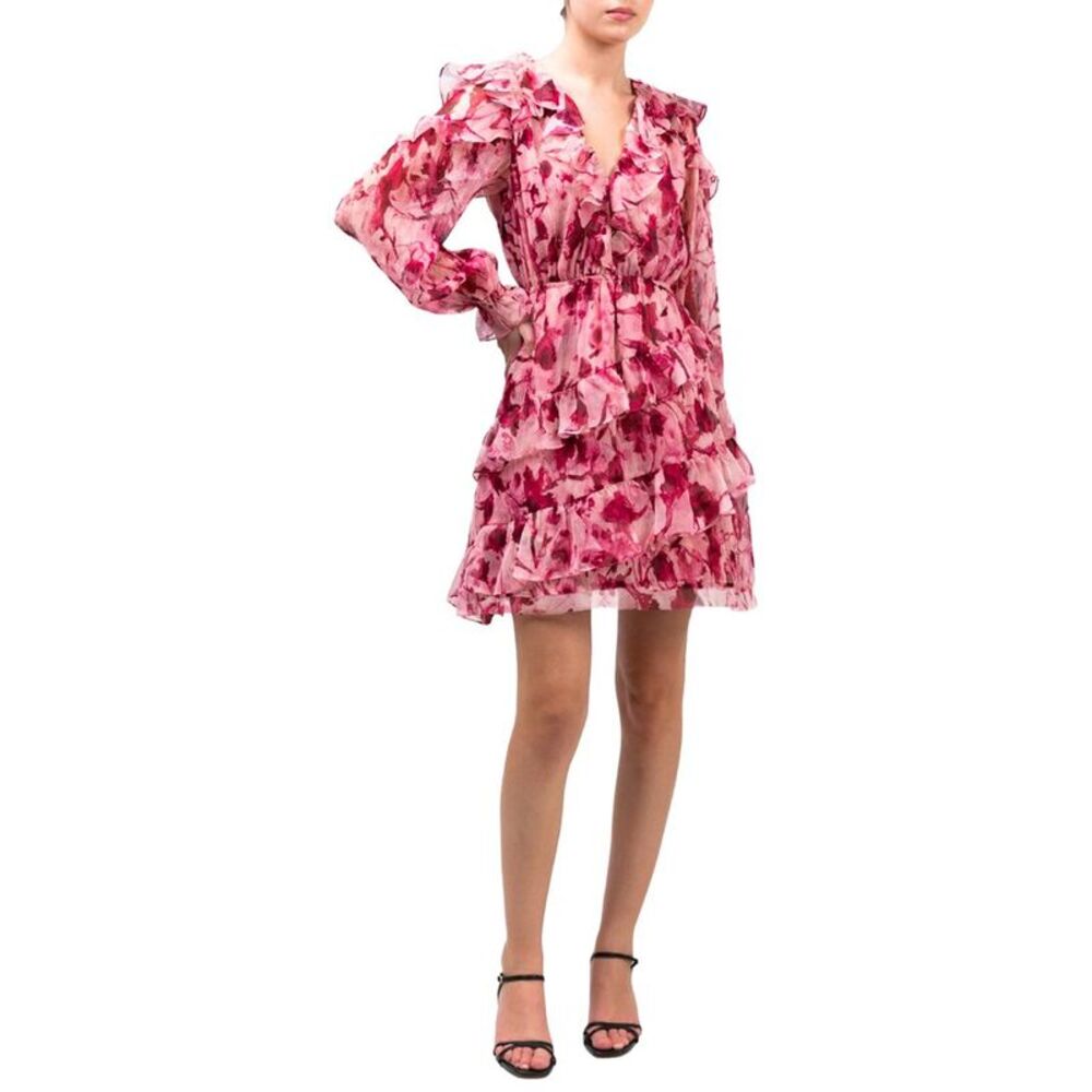 Marchesa Notte Womens  Pleated Long Sleeve Chiffon Mini Dress, Fuchsia